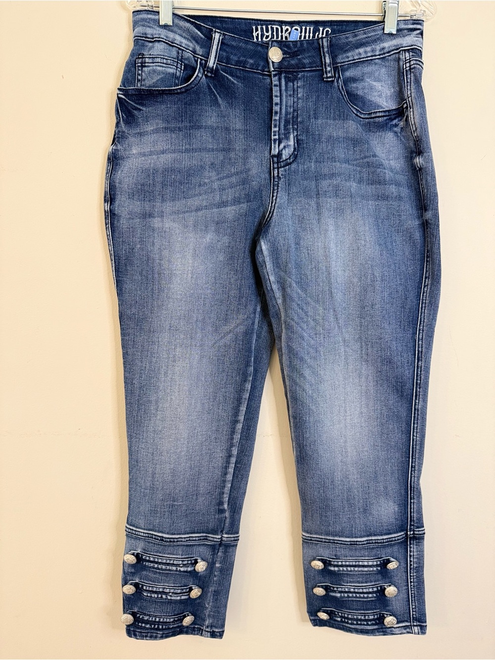 Hydraulic cropped steampunk jeans ornate leg buttons SZ 8